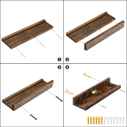 HOOBRO Floating Shelves, Wall Shelf Set of 3, 35.4 Inches Hanging Shelf with Raised Edge and Invisible Brackets, for Bathroom, Bedroom, Kitchen, Office, Living Room Decor, Rustic Brown BF90BJ01