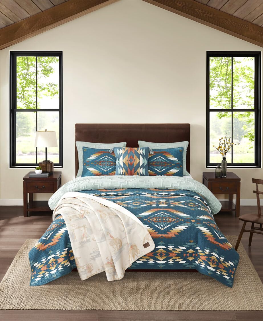 Pendleton Full/Queen Quilt Set – 100% Cotton 3 Piece Quilt Set with Shams, Soft Lightweight Bedding for Queen Size Bed, Teal Blue Multi Patterned Comforter Alternative, Queen Bedding Set (Summerland)