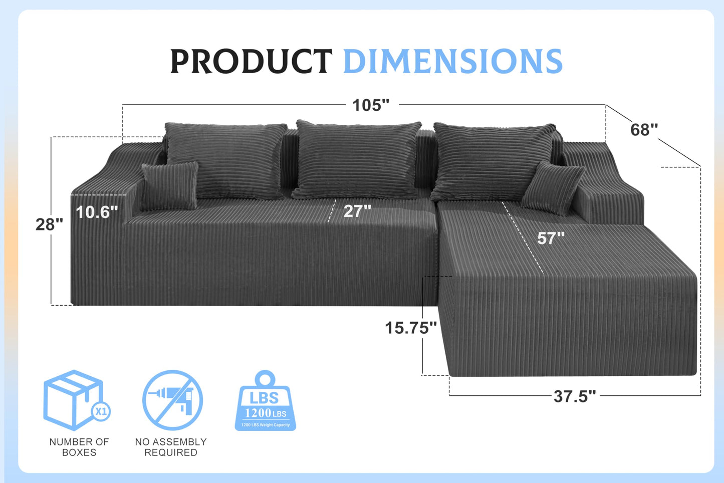HABUTWAY 105" Modular Sectional Couches for Living Room, Boneless Couch with L-Shape Chaise,Comfy Sofa Living Room Sofas with Deep Seat,No Assembly, Corduroy Fabric(Grey,Right)