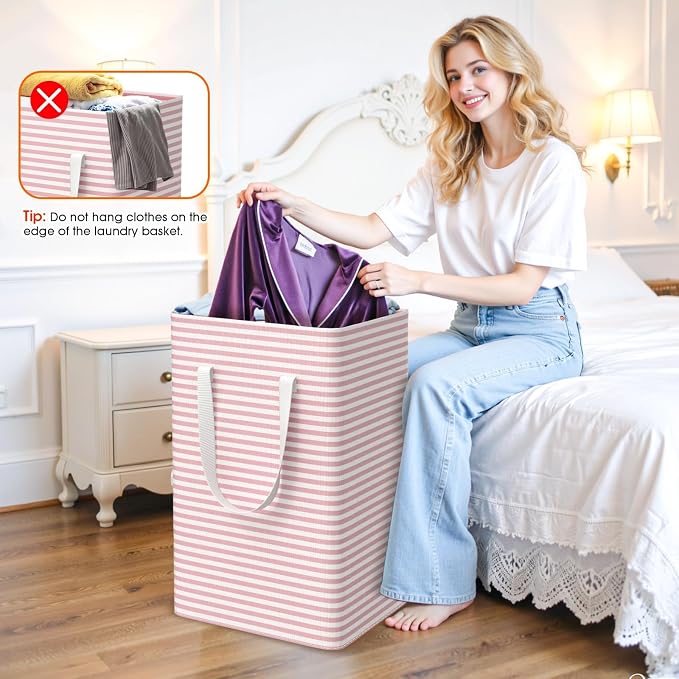 3 Pack Large Laundry Basket,Waterproof & Freestanding Laundry Hamper,Collapsible Clothes Hampers with Easy Carry Long & Reinforced Handles in Bathroom,College Dorm(100Lx3,Pink)