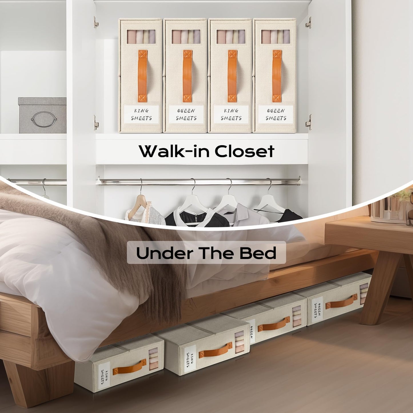 Yecaye 4 Pack Bed Sheet Organizer, Foldable Linen Closet Organizers and Storage (Queen & King Size) with Window & Label, Bedding Storage Box for Bedsheets, Duvet Covers and Pillow, Beige