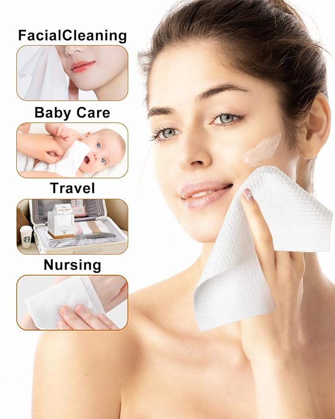 Disposable Face Towel, Biodegradable Facial Towels 9.8"×9.8", Makeup Remover