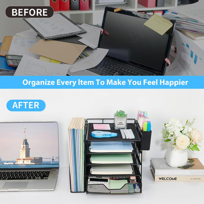 Gugsey Desk Organizers and Accessories, 5-Tier Paper Letter Tray Organizer with File Holder, Drawer & Pen Holder, Office Desk Accessories, Desktop Organizer for Classroom Office Supplies, Black