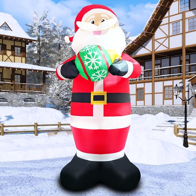 10FT Santa Claus Christmas Inflatable Decorations Blow Up Giant Santa Snowflake Ball Indoor Outdoor Decor Lights for Party Holiday Xmas Lawn Outside Patio Yard Garden Home Ornaments