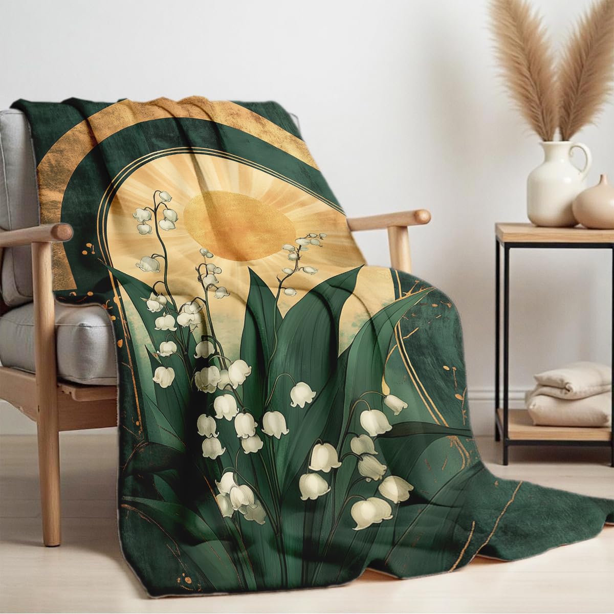 HUNXIAOJ White Floral Blanket Lily of The Valley Print Throw Wildflower Blanket Queen Size Flowers Flannel Bedding Couch Sofa Bed Living Room Decor 49"x59"