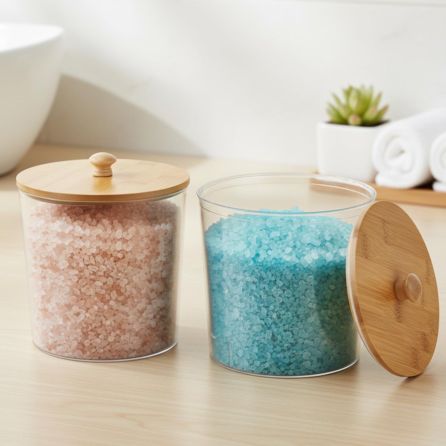 Yomjarl Bath Salt Container,2 Pack Clear Plastic Storage Bathroom Canisters with Wooden Lids & Handle,Airtight Bath Salt Dispenser Jars for Bathroom Organization Accessories,Bathtub Decor Box- Round