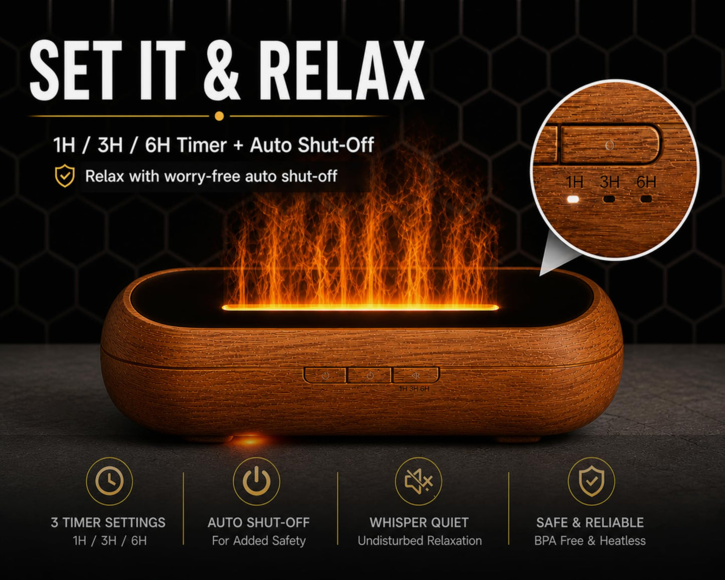 AquaAura LED Diffuser, 160ml Essential Oil Diffuser with Realistic Flame Mist, 7 LED Colors, Timer & Auto Shut-Off for Bedroom, Home, and Office