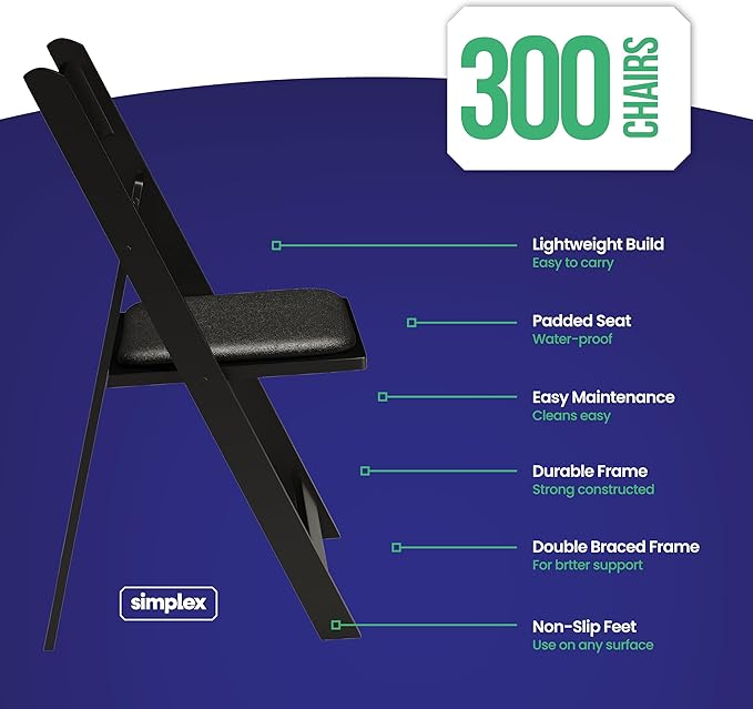 300 Black Resin Stackable Folding Chair - Comfortable Black Foldable Chair - Folding Chairs with Padded Seats - Indoor/Outdoor Folding Chairs for Events - Lightweight Foldable Chairs (300 Pack)
