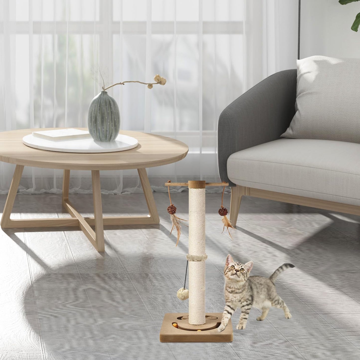 AUSCAT Cat Scratching Post with Multiple Interactive Toys, Vertical Sisal Cat Scratcher for Indoor Cats and Kittens- 63 cm 25 inches Beige