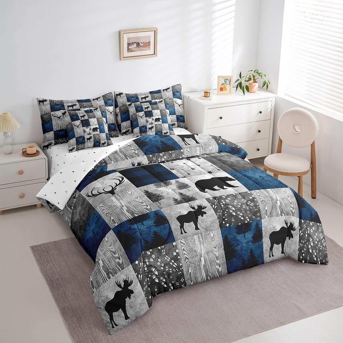 Erosebridal 7 Pcs Hunting Animal Comforter Set Twin Size,Rustic Bear Deer Bed in a Bag with Flat Fitted Sheet for Kids and Adults,Camper Plaid Check Bedding Set with Pillowcases and Cushion Cases