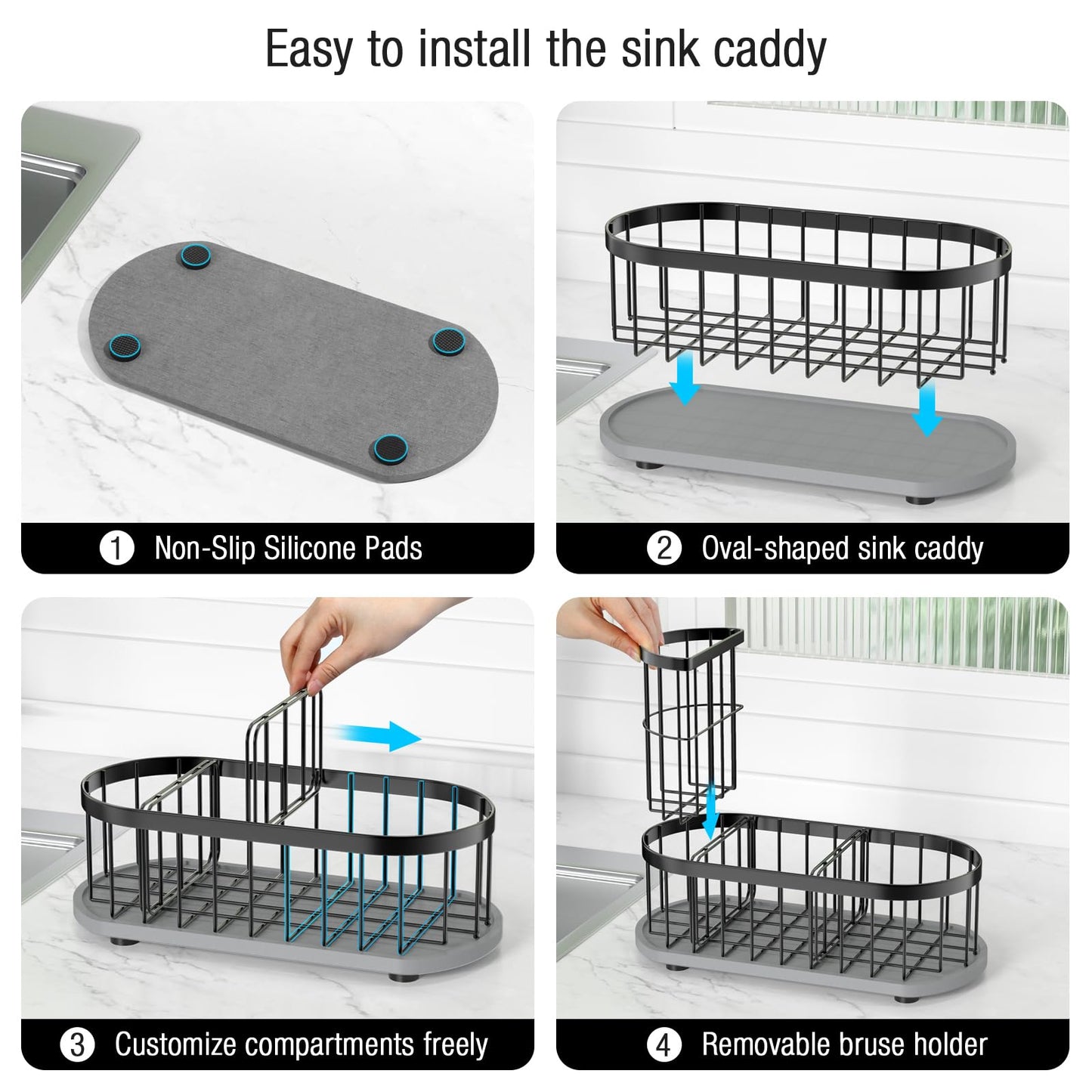 HOKEMOM Sponge Holder for Kitchen Sink with High Brush Holder, [Stay-Dry Anywhere & No Drainage Needed] Rustproof Stainless Steel Kitchen Sink Caddy Organizer with Water Absorbing Stone Tray, Black