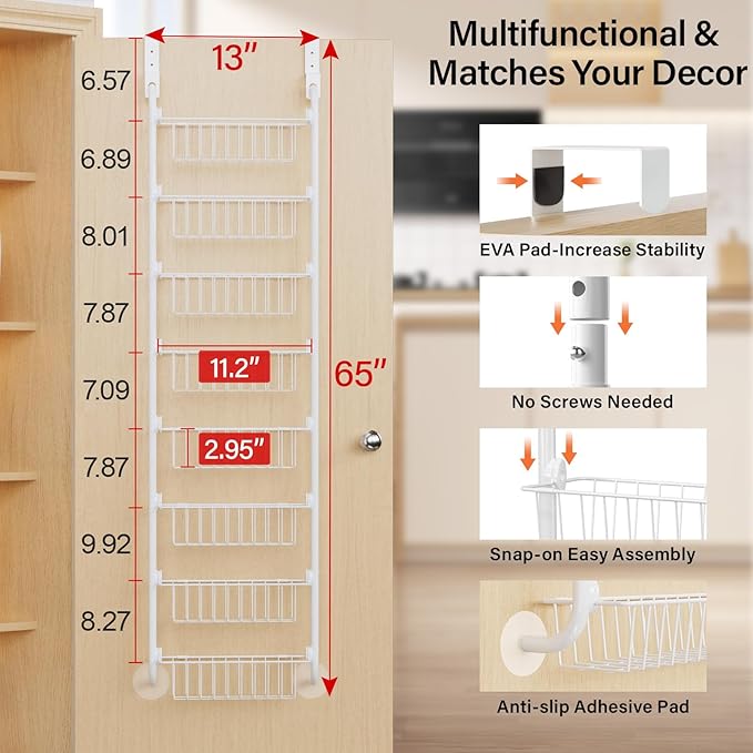 Delamu Narrow Over The Door Pantry Organizer, 8-Tier Metal Pantry Door