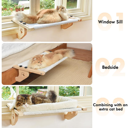 AMOSIJOY Cat Sill Window Perch Sturdy Cat Hammock Window Seat with Wood & Metal Frame for Large Cats, Easy to Adjust Cat Bed for Windowsill, Bedside, Drawer and Cabinet (21.7''-White Plush)