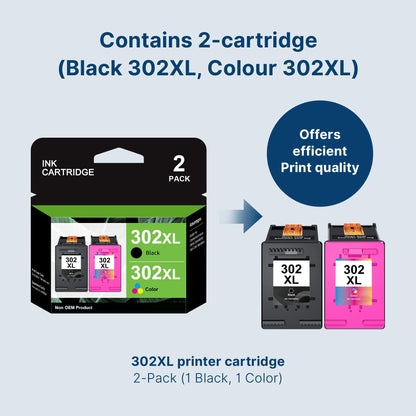 302XL Ink Cartridges Black and Colour 2-pack Replacement for HP 302 Ink Cartridges Combo Pack for HP Envy 4520 4527 4524 4523 OfficeJet 3835 3830 3831 4650 5230 DeskJet 3630 1110 DeskJet 3630 Printer