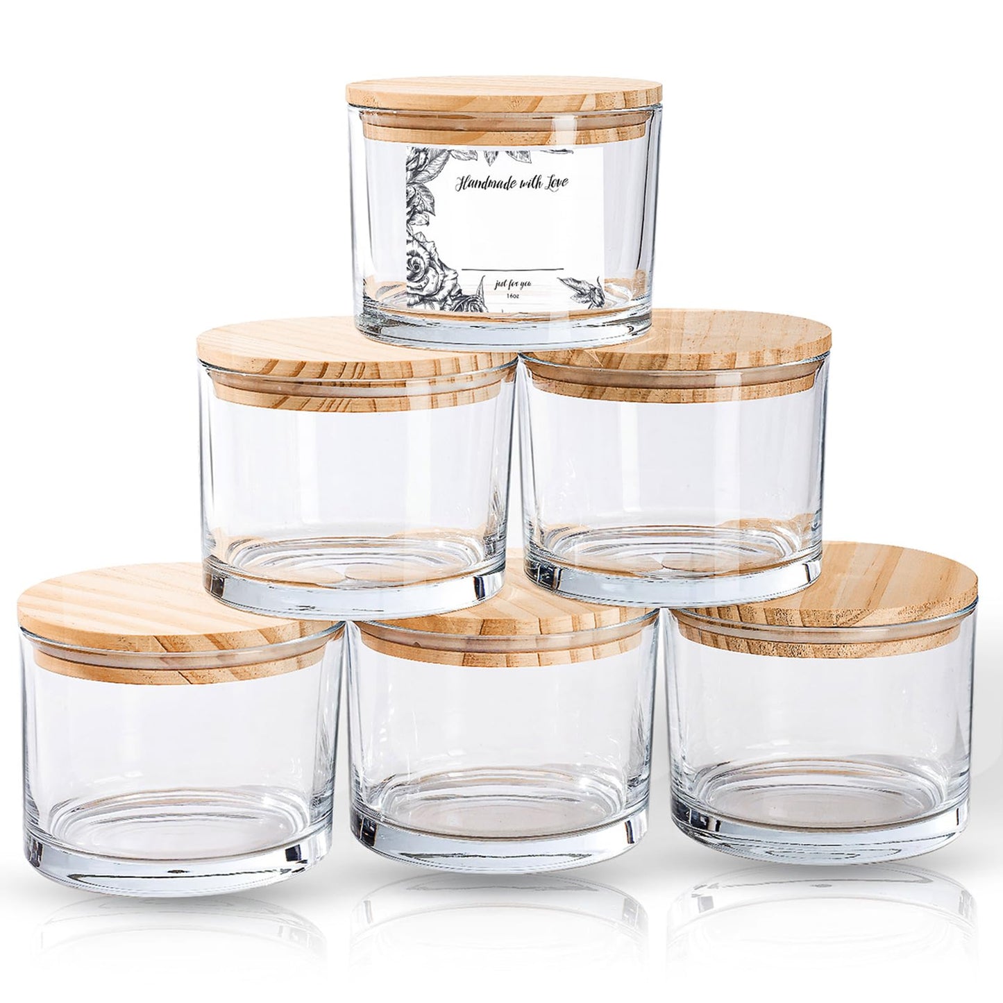 6 Pack Glass Candle Jars with Lids (16oz, Clear) - Large Candle Jars for 3 Wick Candles Making - Empty Candle Jars Containers - Candle Making Supplies Accessories include 16Pcs Candle Labels
