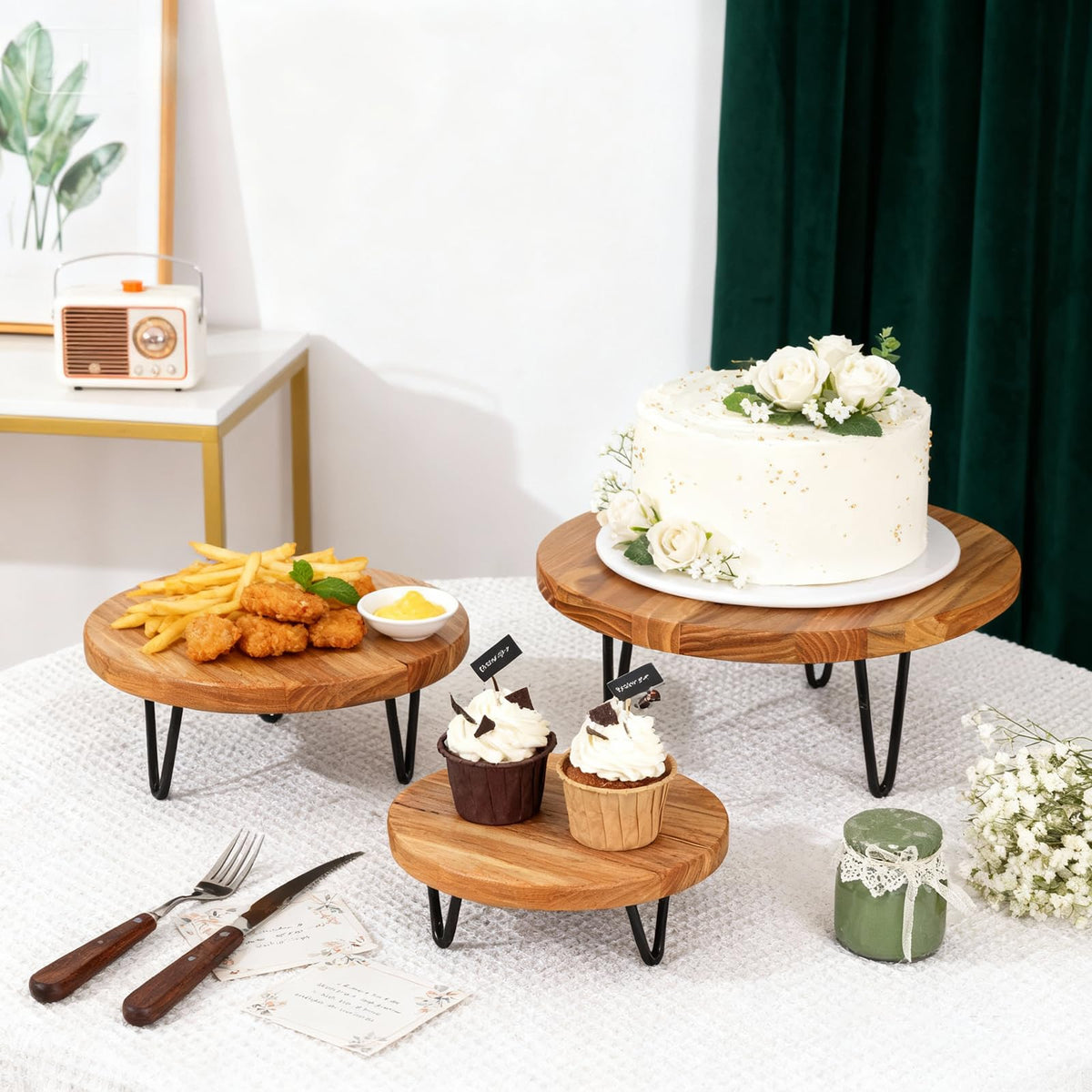 jubilander 3 Pcs Buffet Risers, Wood Round Food Riser Dessert Table Display Stand Set for Party Wood Cupcake Stands Nesting Table for Home Decor (Natural)