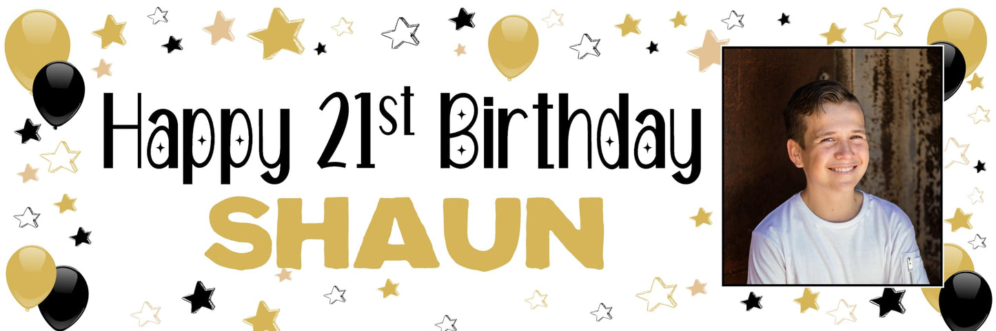Large Personalised Banner Any Occasion Name with Photo for Men Women Boys Girls (6ftx2ft with PHOTO, Gold & Black Stars)