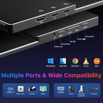 Portable Monitor 18.5 inch 1080P FHD 128% sRGB 100Hz, Travel Monitor for Laptop MacBook Surface PC Xbox PS5, HDMI Dual USB-C VESA Compatible Built-in Speaker, with Kickstand