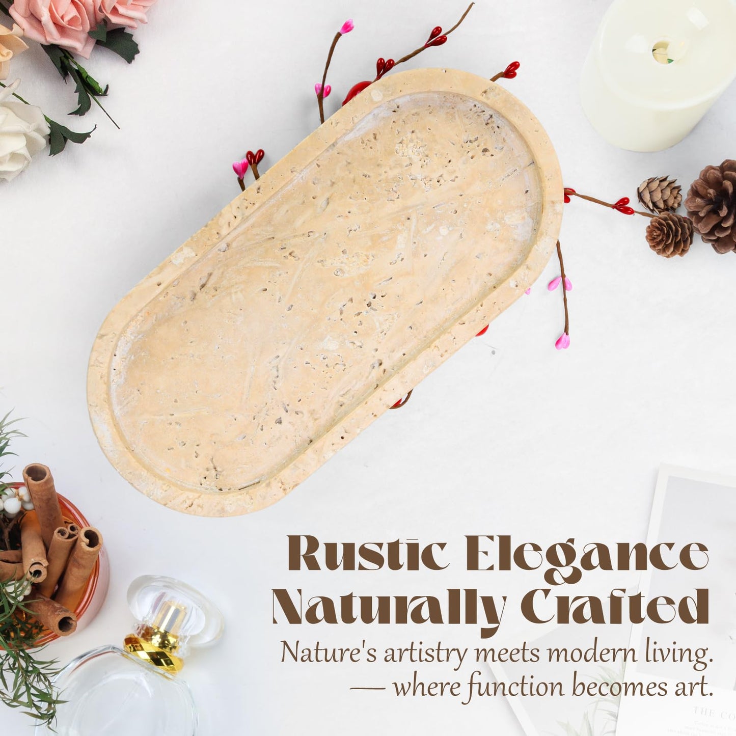 Axiqunel Natural Travertine Oval Tray with 2 Legs, 9.6"x4.7" Vanity Decorative for Countertop Ornaments, Catchall for Perfume, Candles, Jewelry Dish & Home Decor