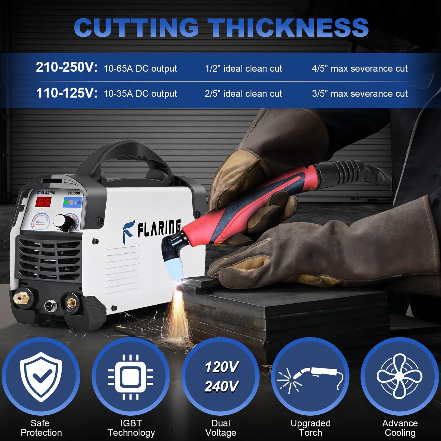 FLARING Plasma Cutter,65 Amp Plasma Cutter Machine 120V 240V 4/5" (20mm) Max Cutting 1/2" (12.7mm) Clean Cut with FLARING MIG Welder 215amp 6 IN 1 Welder Machine 120V/240V 2lbs/11lbs Wire Compatible