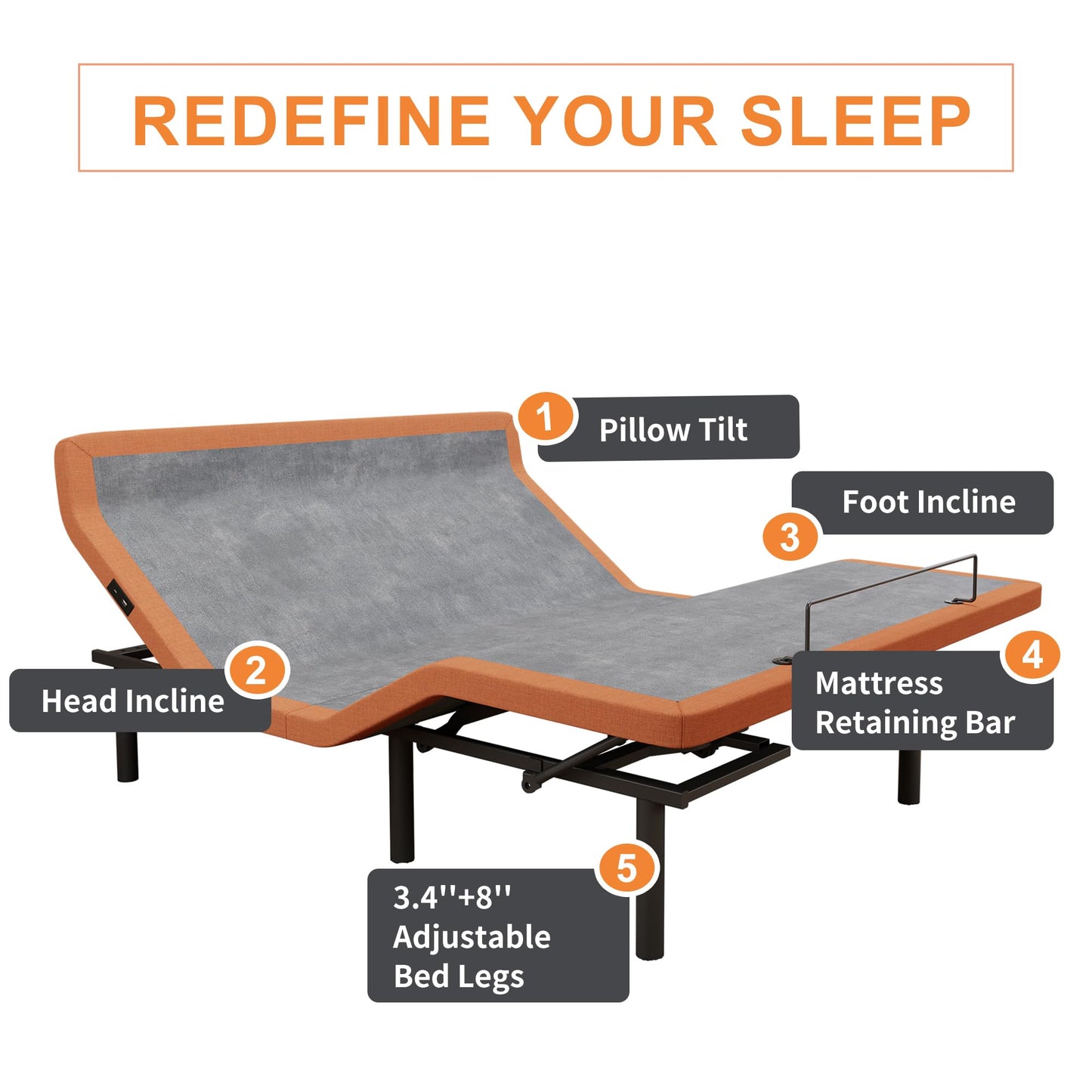 ESHINE Adjustable Bed Frame - Split King Bed Base with Massage, Pillow-tilt, Smart APP Control, Ergonomic Incline, Zero Gravity, Dual USB Port, Under Bed Light, Wireless Remote, 5000 Series
