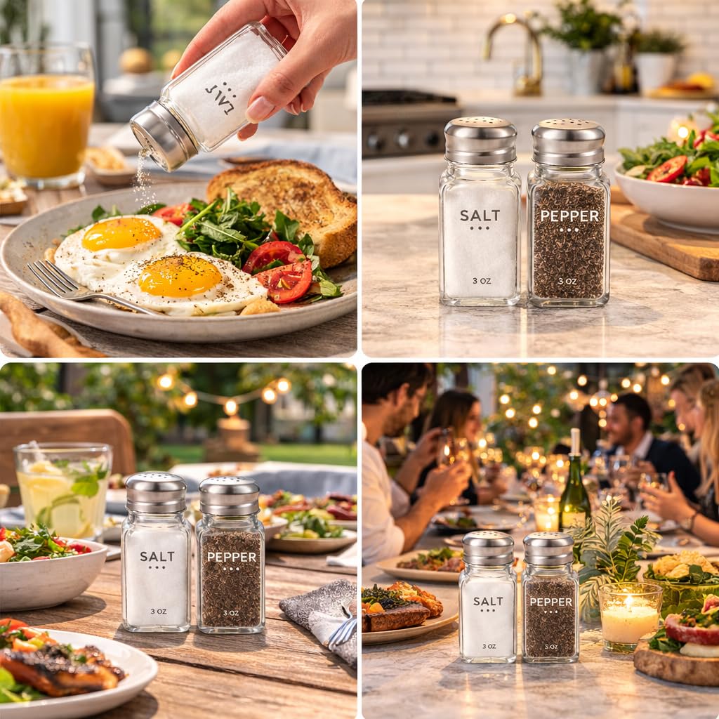 HESSION Salt Shaker and Pepper Shaker Set of 4, Refillable Glass Spice Shakers with Holes and Lids, Stainless Steel Spice Dispenser, Modern Kitchen Decor Seasoning Containers for Dining Table (3oz)