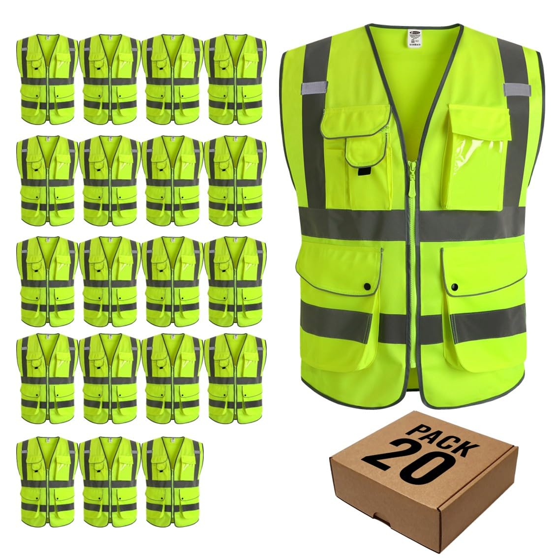 JKSafety 20 Pack 9 Pockets Class 2 High Visibility Zipper Front Safety Vest With Reflective Strips,Meets ANSI/ISEA Standard (Medium, 156-Yellow)