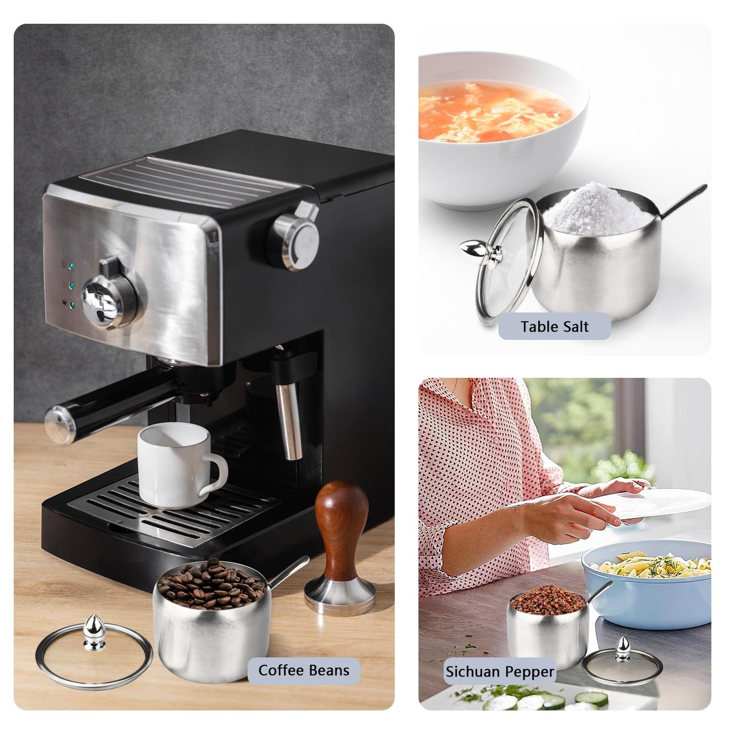 2 Pieces Stainless Steel Sugar Bowl with Lid and Spoon, 8.45 Oz/250 ML Sugar Container for Coffee Bar, Salt Bowls for Countertop Kitchen Storage Pepper Seasoning Coffee Bean Candy Spices, (Silver)