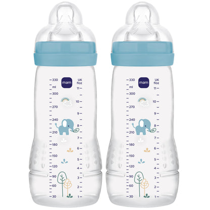MAM Easy Active Baby Bottle with Fast Flow MAM Teats Size 3, Twin Pack of Baby Bottles, Baby Feeding, 330 ml, Blue (Designs May Vary)