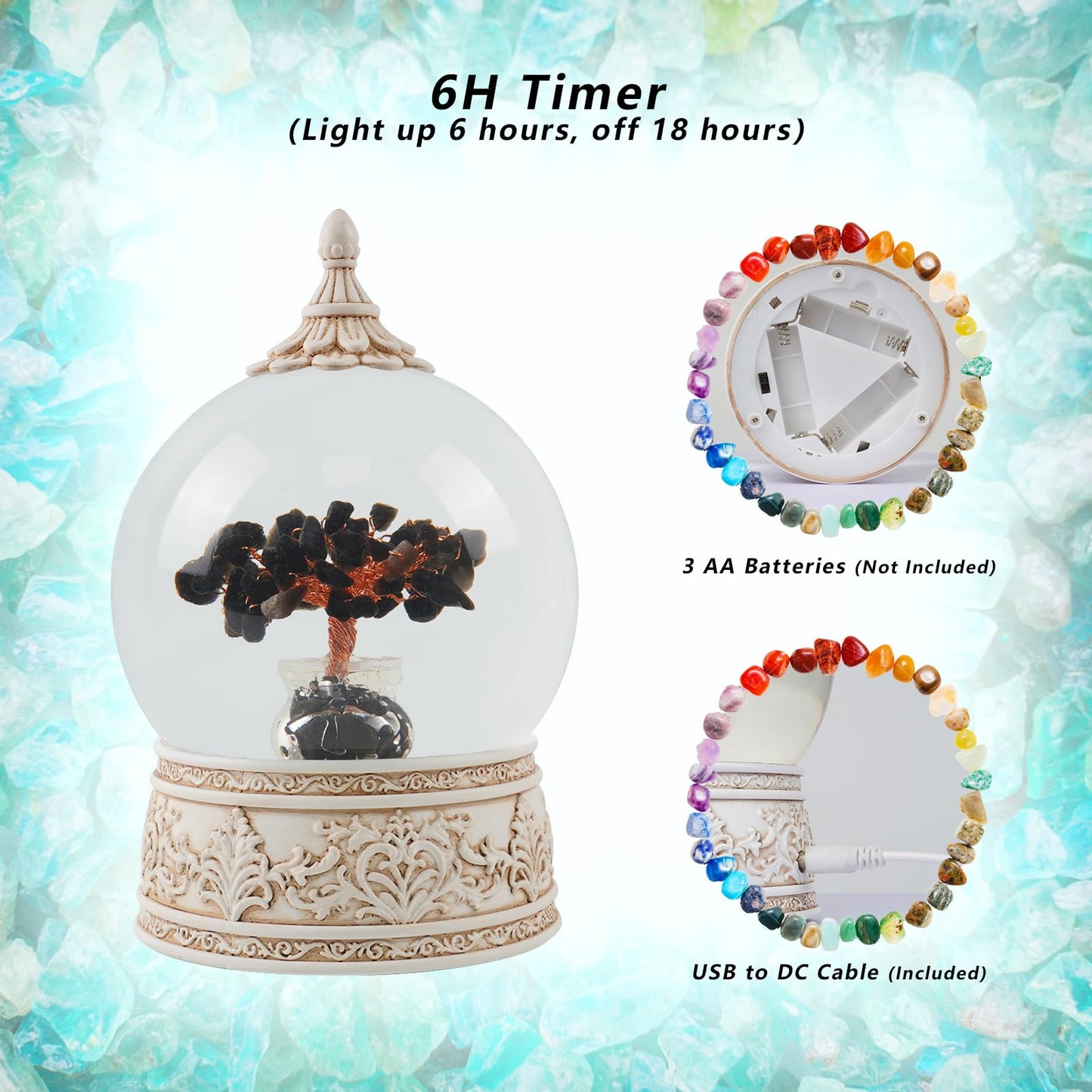 Obsidian Healing Crystal Tree Globe with Colorful Lights and Sparkling Glitter, Natural Gemstone Base, Spiritual Meditation, Positive Energy Good Luck, Home Decor, Birthday Gifts (Obsidian)