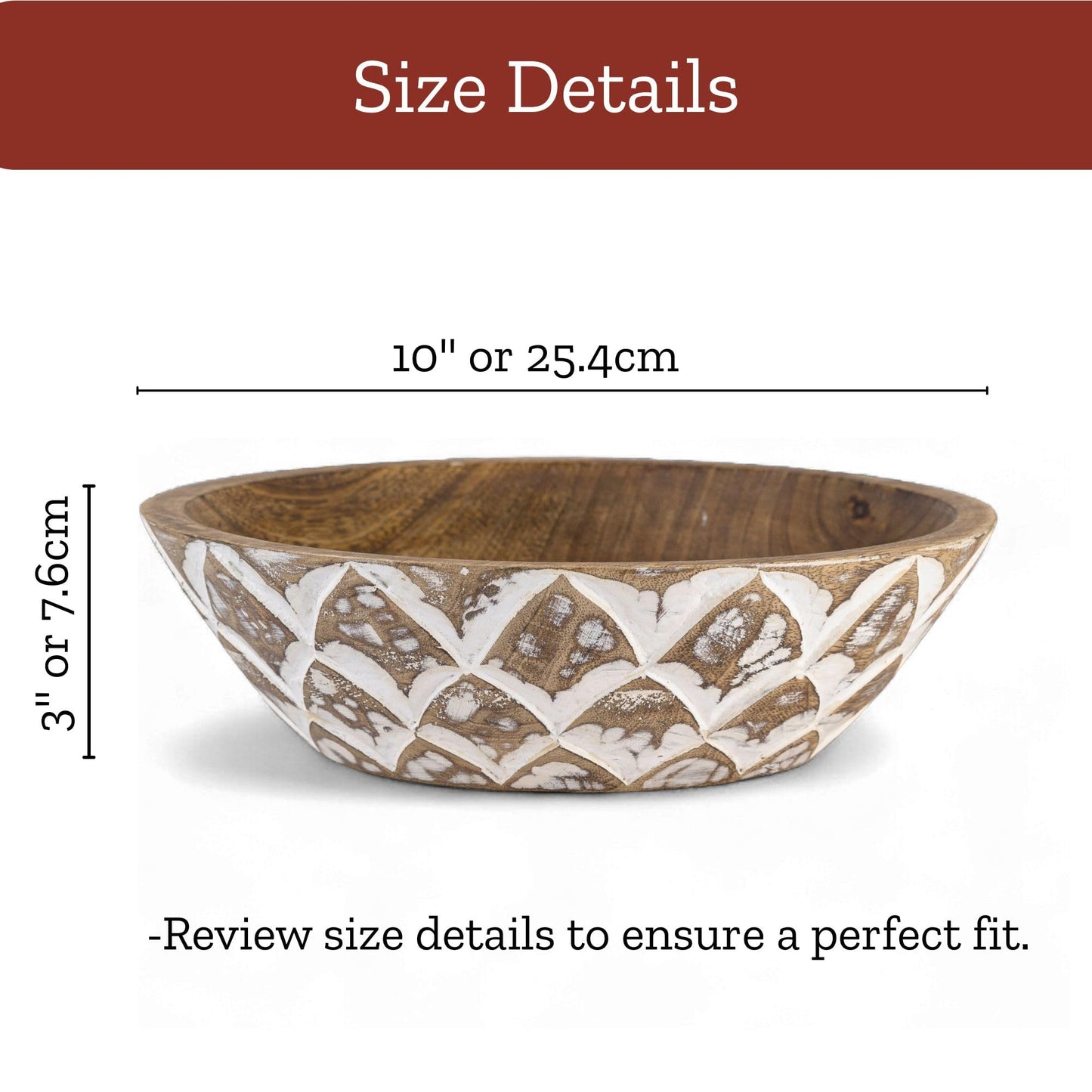 Mie Creations 10'' Decorative Wooden Bowl, Wood Serving Bowl for Fruits, Salad, Desserts, Snacks, Popcorn, Kitchen Counter | Rustic Table Centerpiece Thanksgiving Christmas Decor- 10x3 inch Whitewash