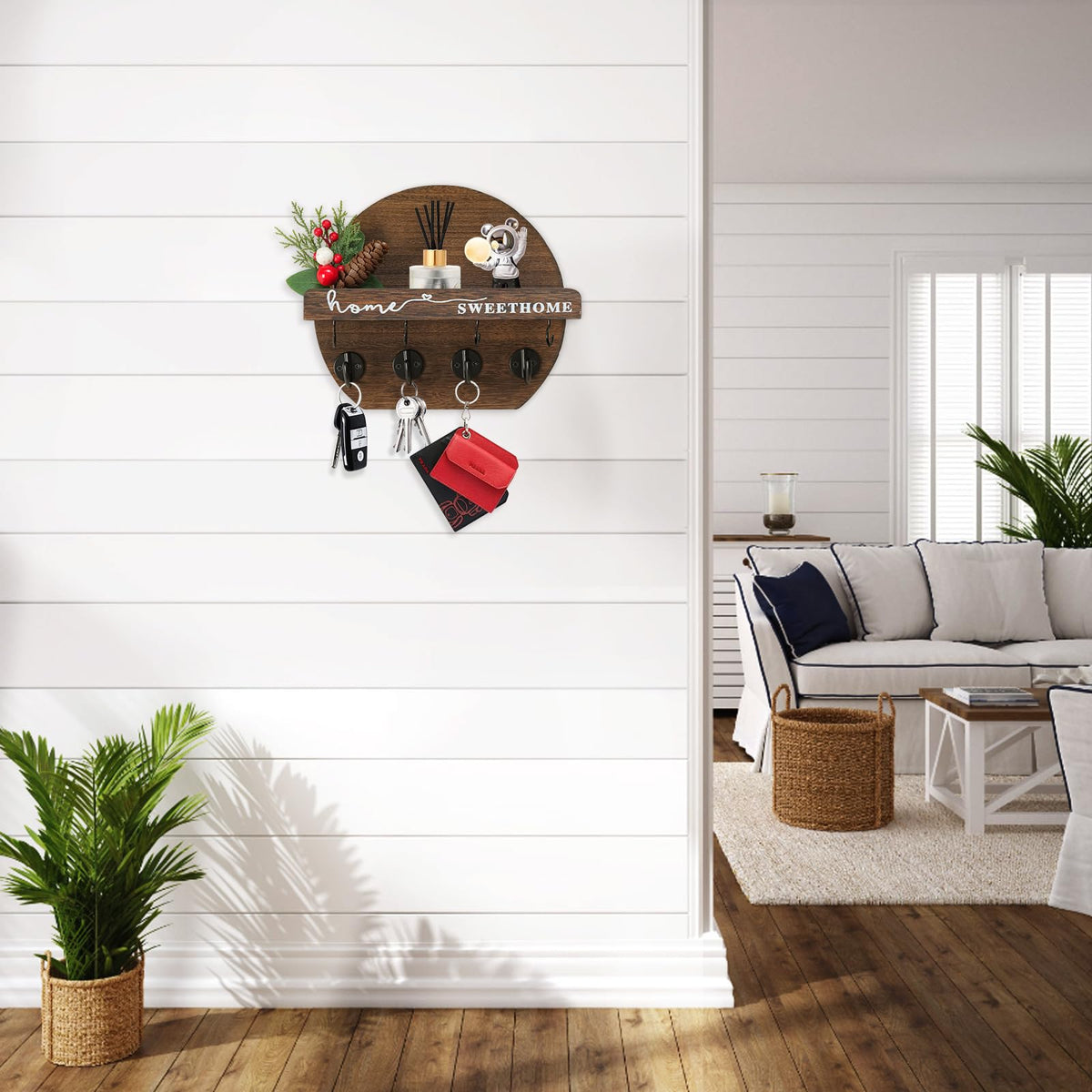 LEIRUOTM Key Holder for Wall, Key and Mail Holder Organizer - Key Holder Wall Mount with Bouquet Shelf and Key Hooks, Round Wooden Rustic Key Rack for Entryway and Home Decor (Brown)