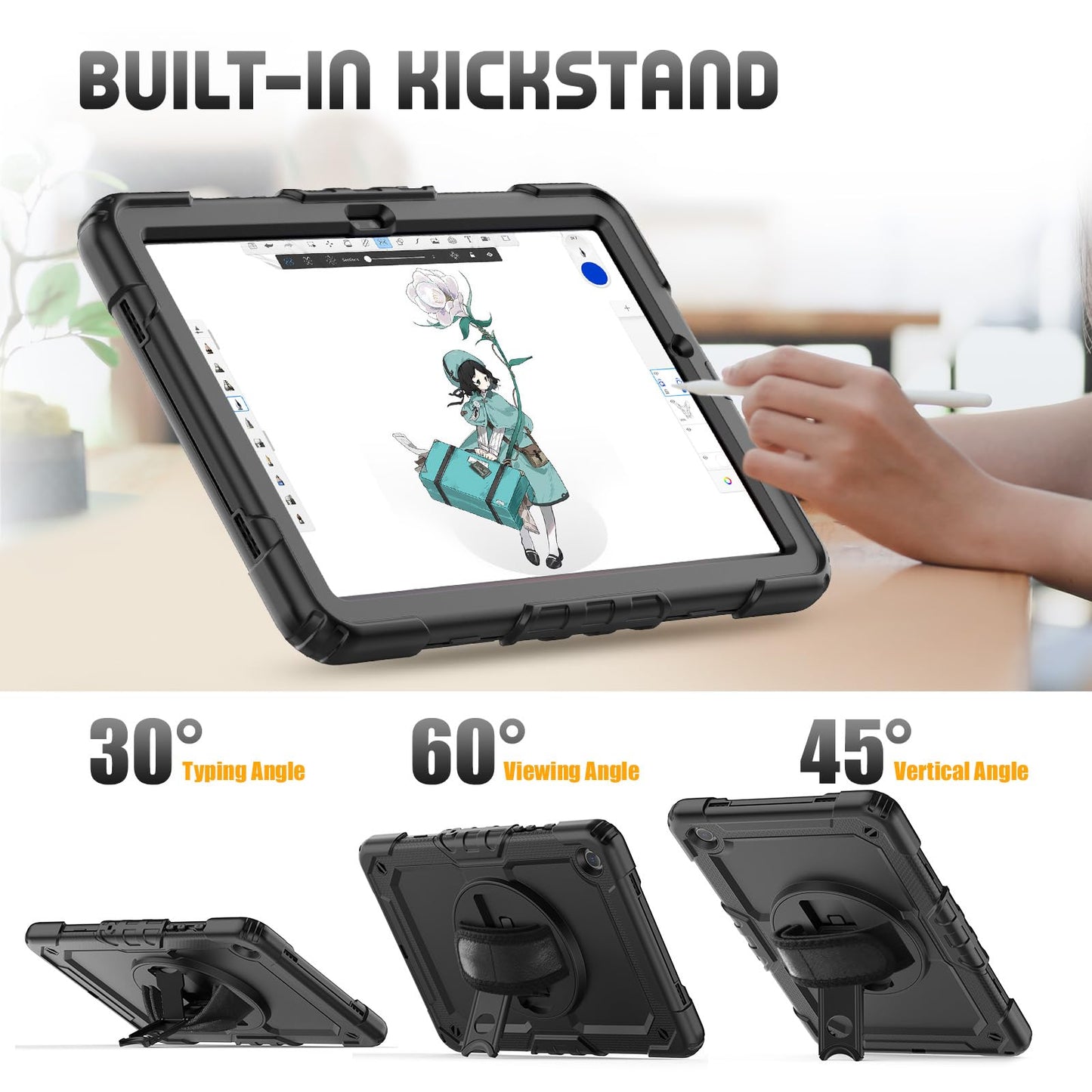 SEYMCY Case for Samsung Galaxy Tab A9+/ A9 Plus 11 Inch 2023, Full Body Shockproof with Screen Protector, 360° Rotating Hand Strap & Stand, Shoulder Strap for Samsung A9 Plus Tablet Case, Black