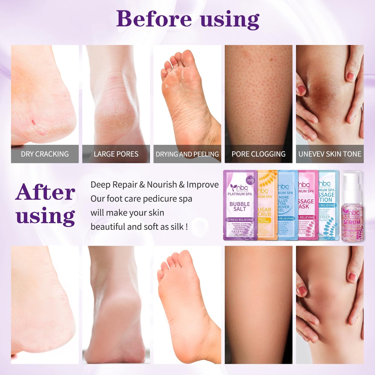 Pedicure Kit Foot Soak Set: Bubble Salt, Sugar Scrub, Massage Mask, Massage Lotion in a Box, 4 Step Foot Spa Kit for Dry Feet,Tired Feet（3 Set Tropical Fruit)