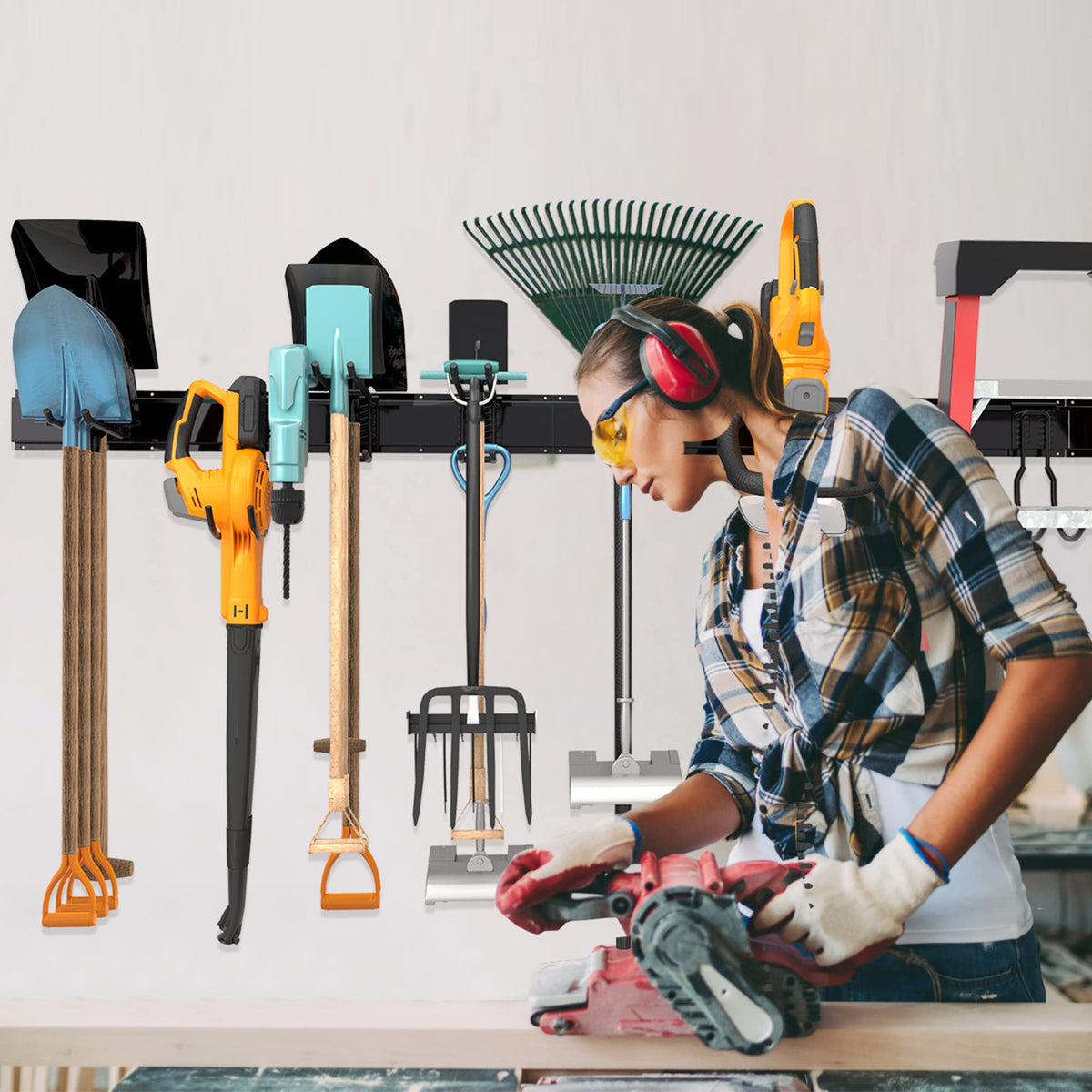 Sttoraboks Garage Wall Organizer, Heavy Duty Tool Hangers for Garage Wall with 8 Double Hooks & 3 Rails, Tool Organizer Wall Mount, Garage Hanging Storage Rack for Shovel, Rake, Broom and Ski Gear