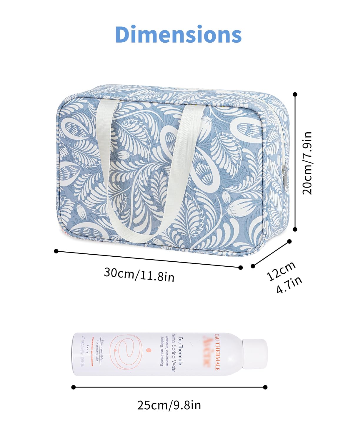 Full Size Toiletry Bag Large Cosmetic Bag Travel Makeup Bag Organizer for Women (Blue Leaf)