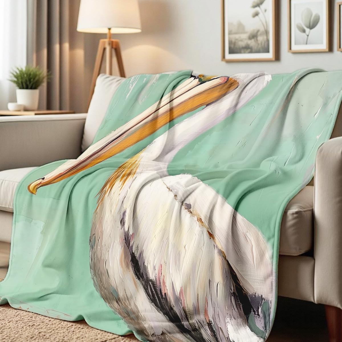 HUNXIAOJ Pelican Throw Blanket for Couch Bed Coastal Bird Print Flannel Blanket Soft Warm Beach Themed Animal Throw for Bedroom Home Decor Pelican Gifts (49"x59")