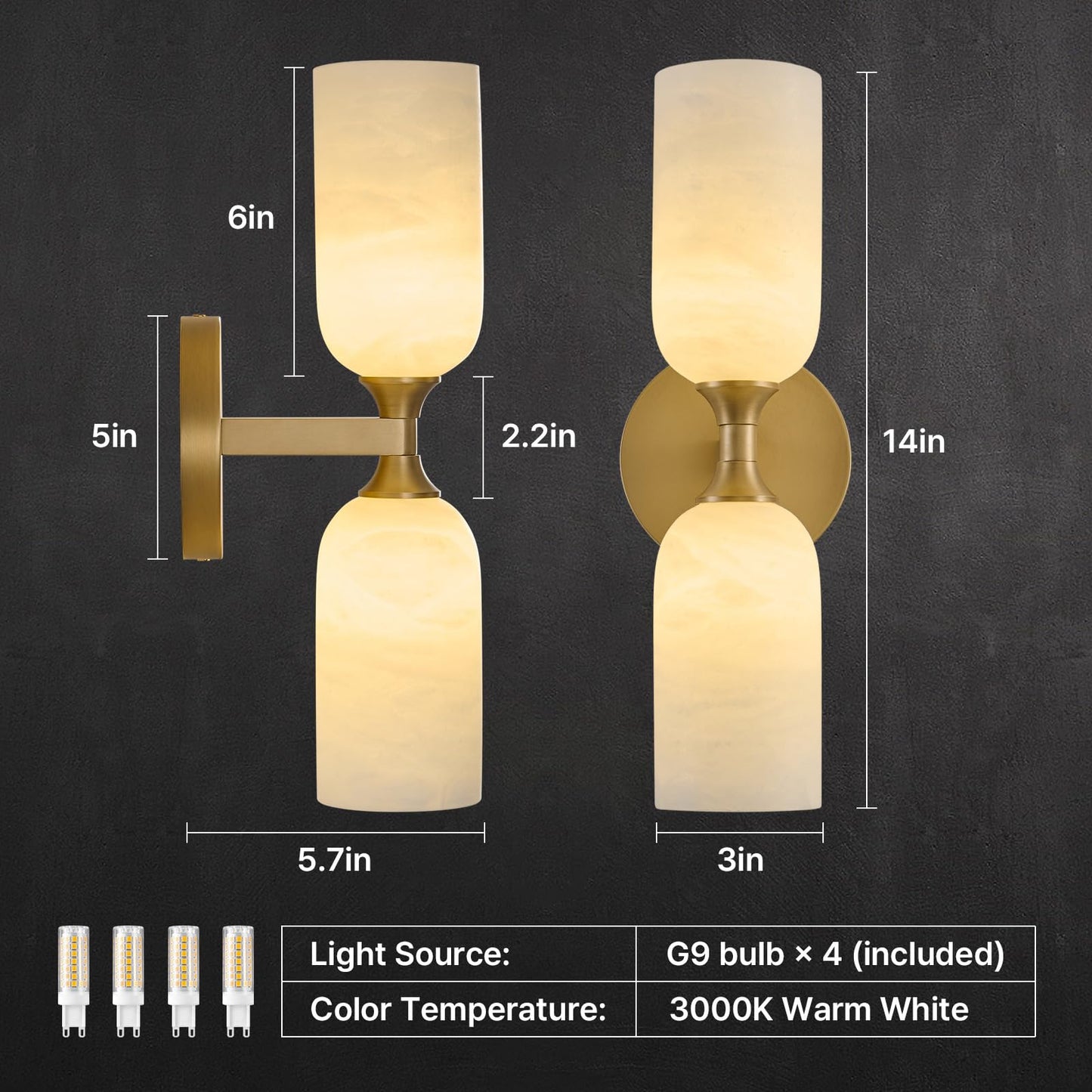 Vintage Alabaster Brass Wall Sconce: Set of 2 Antique Spanish Natural Marble Modern Vanity Wall Lights - 14" Brushed Gold Vanity Light - Indoor Sconces for Bathroom Stair Hallway Bedroom Living Room