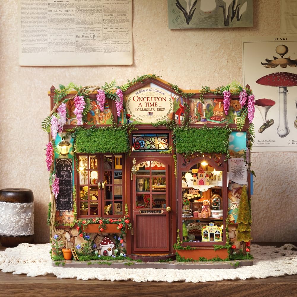 DIY Dollhouse Miniature Kit, Mini Fairy Tale Shop Puzzle Model 1:24 Scale Dolls House Store Furniture Accessories and LED Lights Kid Boy Girl Birthday