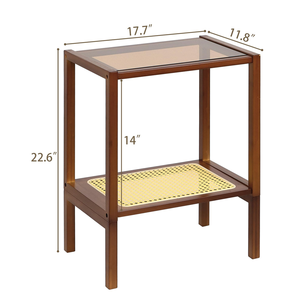 Mordchil HF 2-Tier Bamboo Side Table, Modern Glasstop Rattan Side Table, Mid Century Wood Sofa-Side End Tables for Living Room, Bedroom Night Stand with Storage, Small Narrow Coffee Tables, Walnut