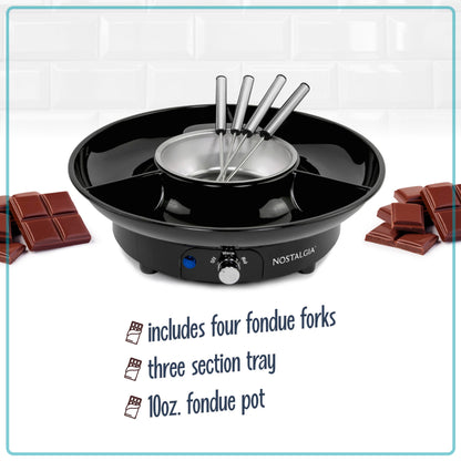 Nostalgia Electric Fondue Party Set – 10 oz Melting Pot, 4 Roasting Forks, & Detachable Serving Tray – Melted Cheese, Chocolate, or Dessert – Perfect for Gifts, Parties, Date Night – Black