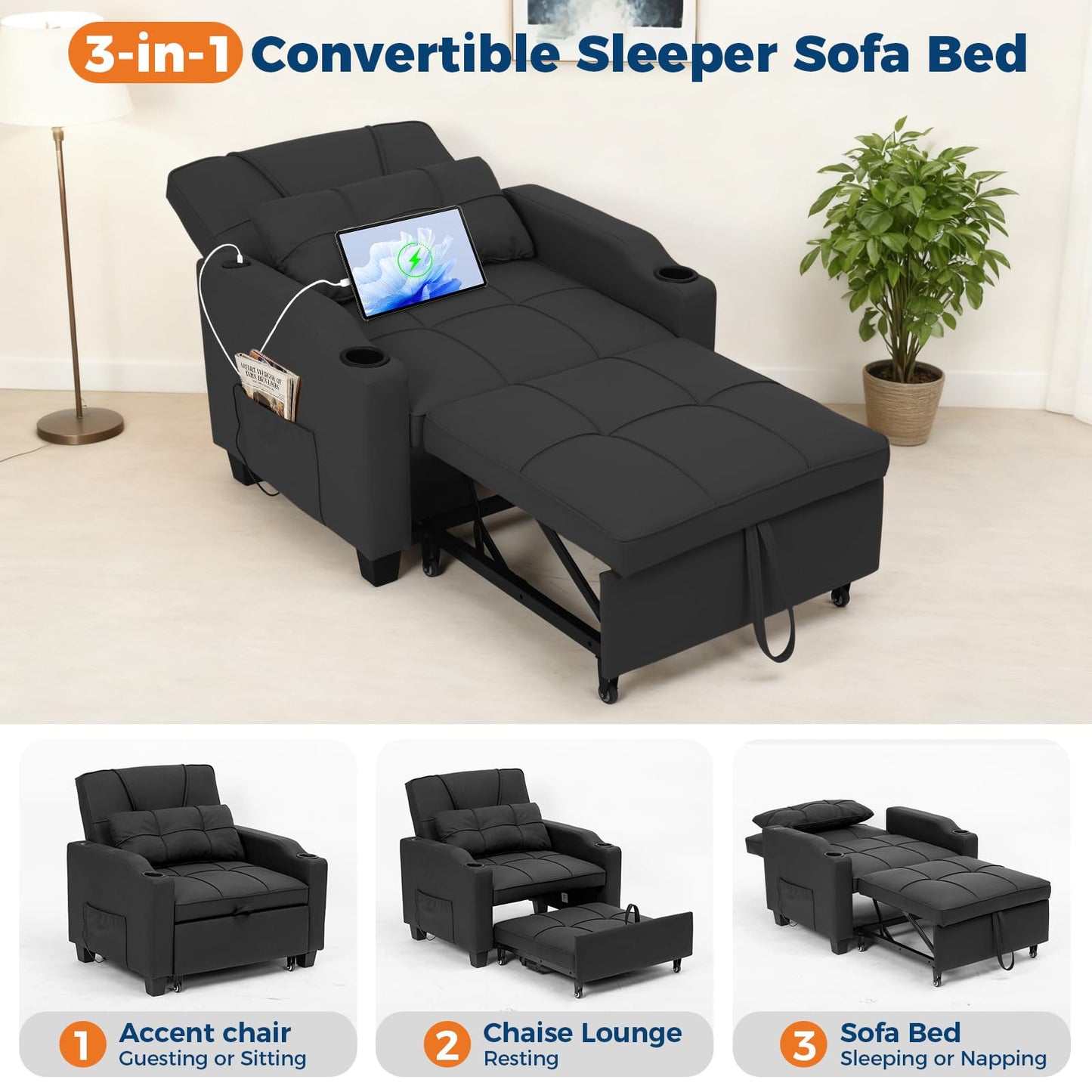 4 in 1 Convertible Sleeper Chair Bed with Vibration Massage Lumbar Pillow, Single Sofa Recliner Featuring USB/Type-C Port, Cup Holders & Side Pocket, Space-Saving Pull Out Bed for Small Spaces, Black