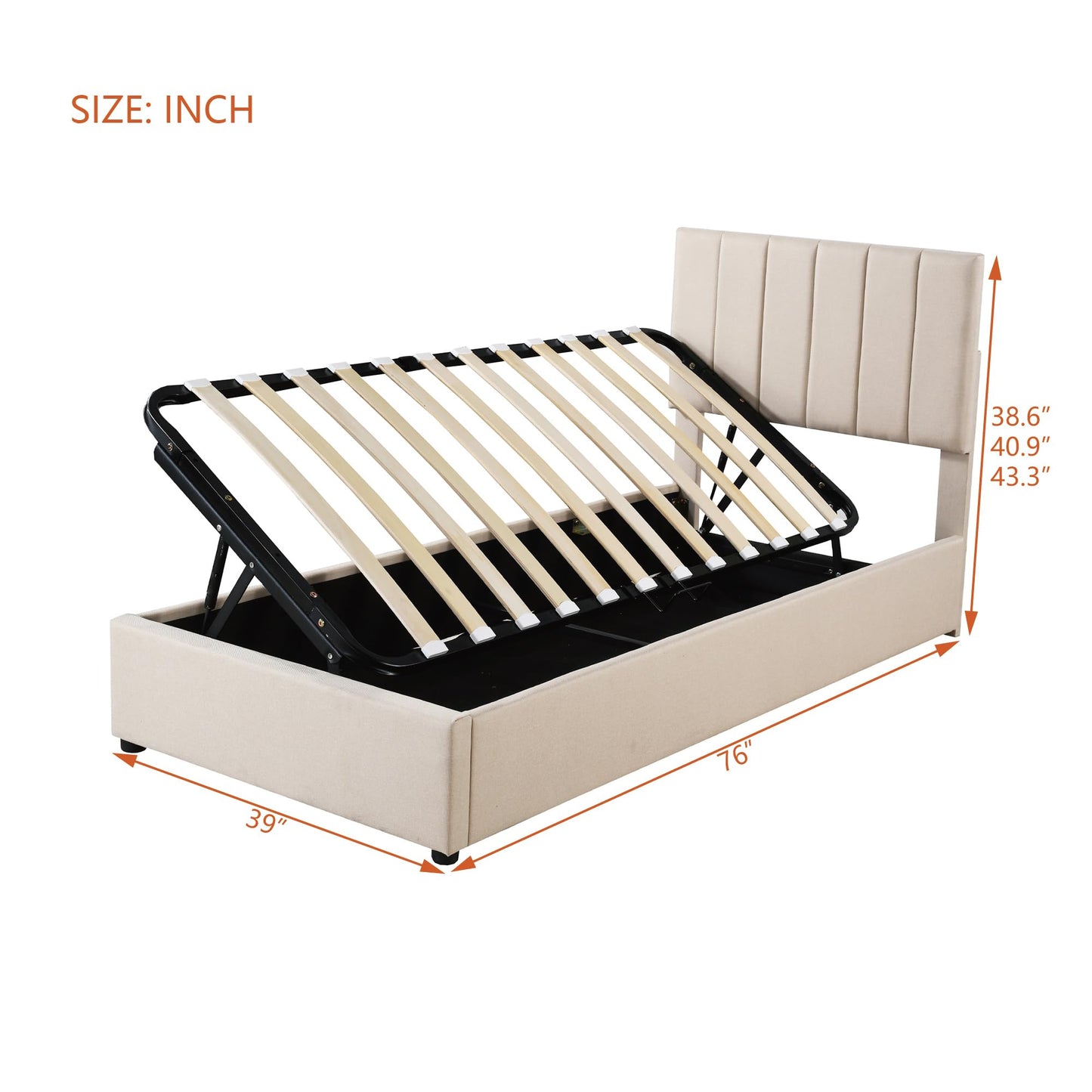 Twin Size Upholstered Platform Bed with Hydraulic Storage System, Vertical Stripe Headboard, Lift Up Storage Bed Frame with Slats Support No Box Spring Needed Modern Bedroom Furniture, Beige