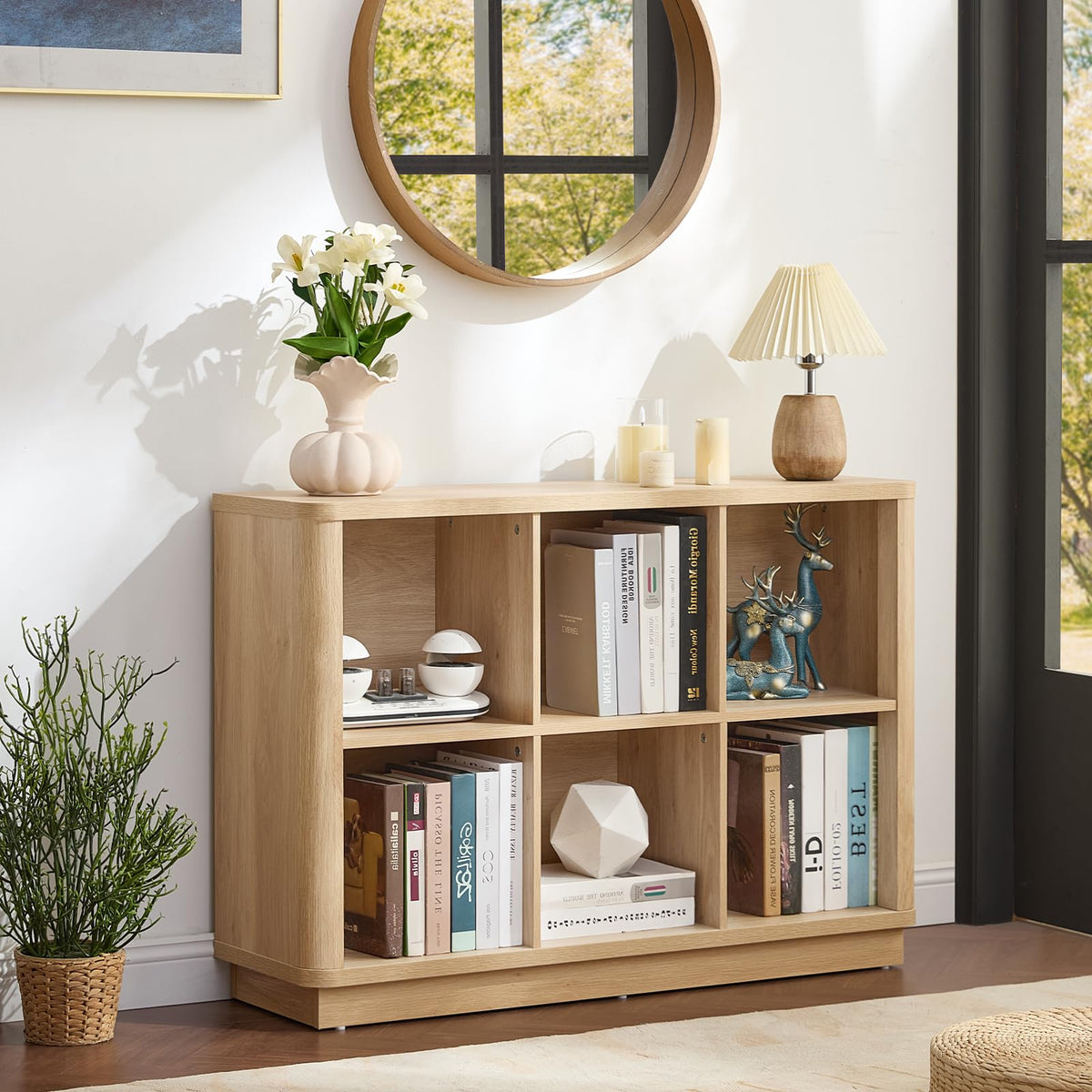 Joaxswe 6 Cube Storage Book Shelf, 40" Wide Low Horizontal Bookcase with Curved Edge, Floor Standing 2-Tier Wooden Bookshelf with Base, Modern Short Book Case for Bedroom, Study, Entryway, Natural Oak