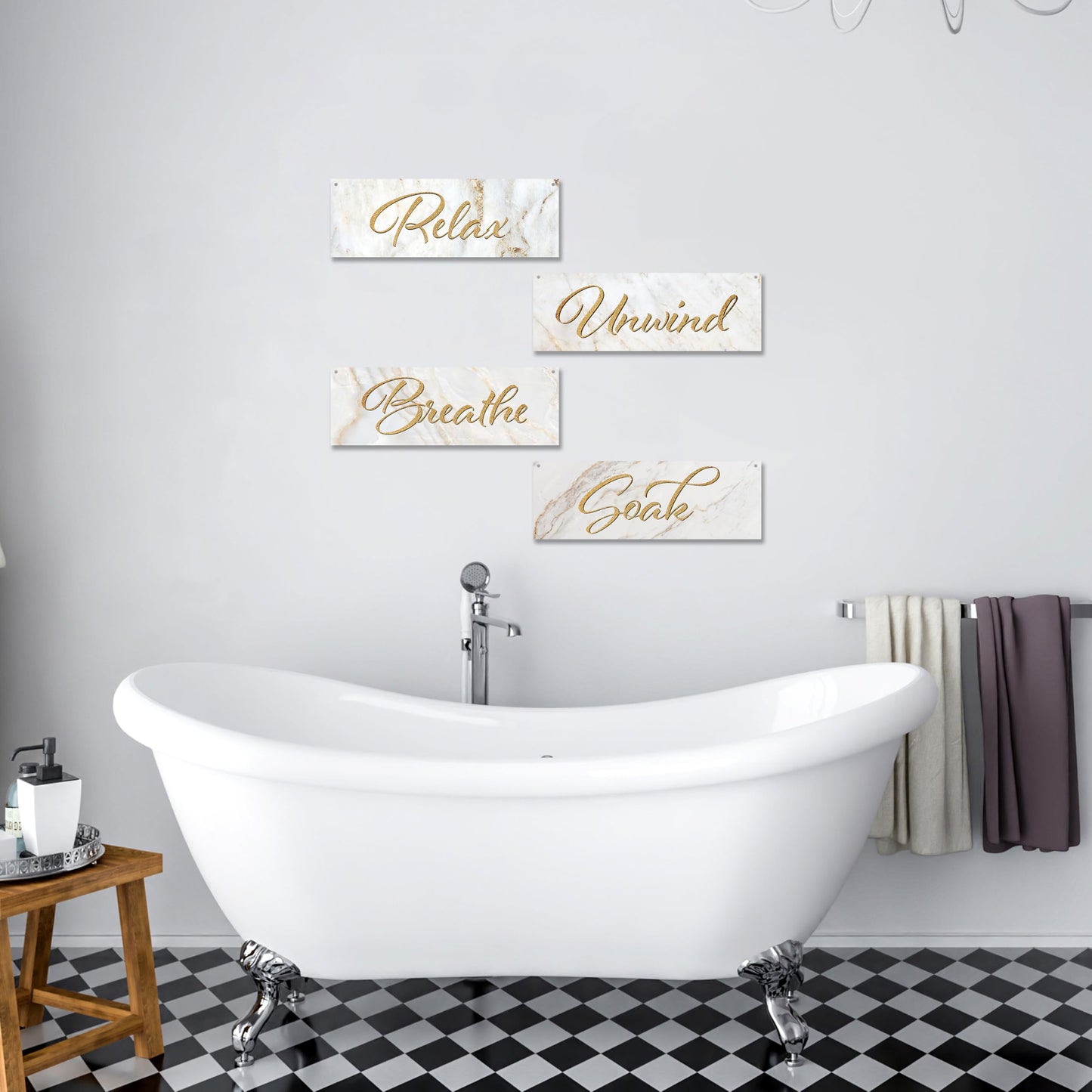 4 Pcs Rustic Marble Style Wall Decor, Soak Relax Unwind Breathe Wooden Hanging Sign, Wall Art For Restroom Farmhouse Decorations, A32
