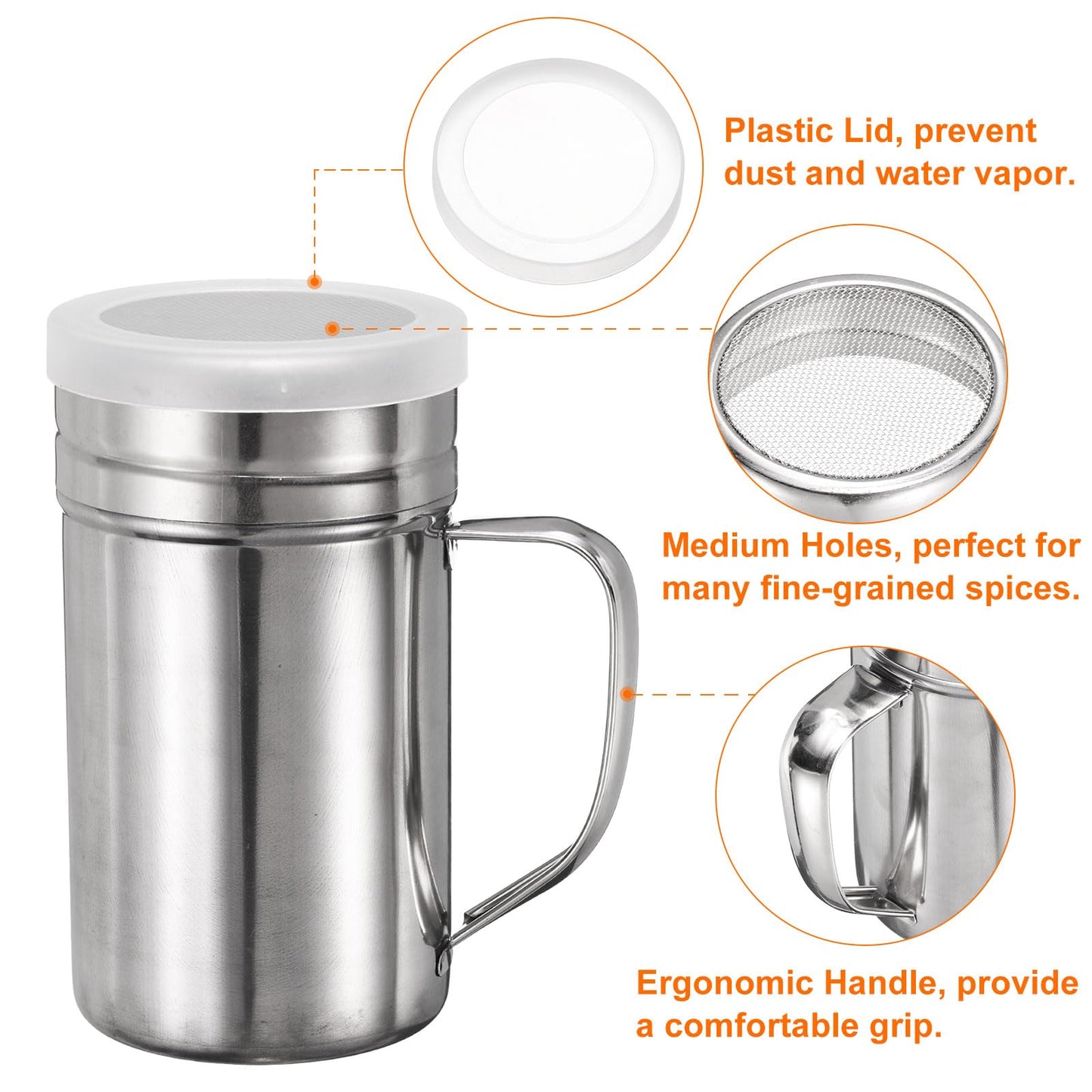 HARFINGTON Salt Dredge Shakers 14 Ounce Stainless Steel Spice Shakers with Handle and Lid for Salt Sugar Flour