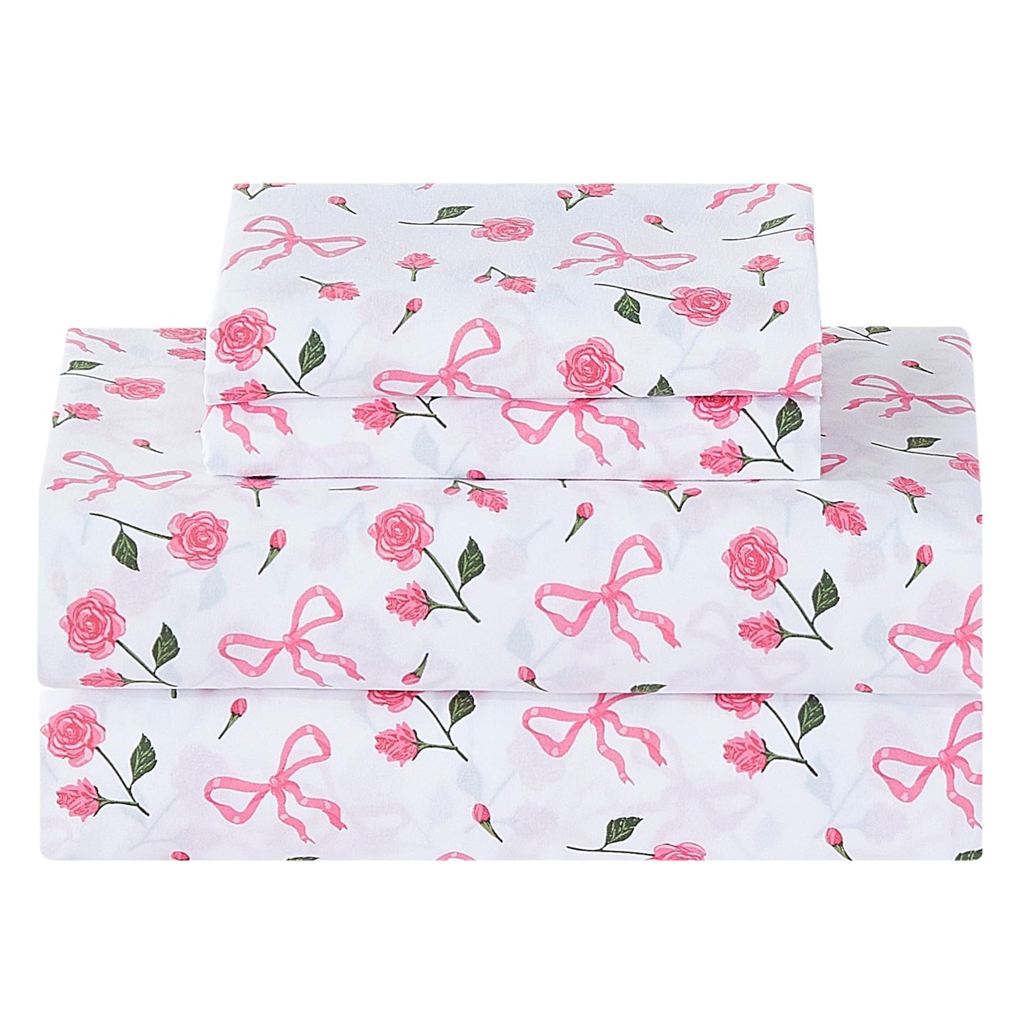 Softan Pink Floral King Bed Sheets, Cozy Microfiber Flower Printed Sheets with 15" Deep Pocket Fitted Sheet & Non-Slip Straps, Patterned Pink Rose - Bow Sheets & Pillowcase Set