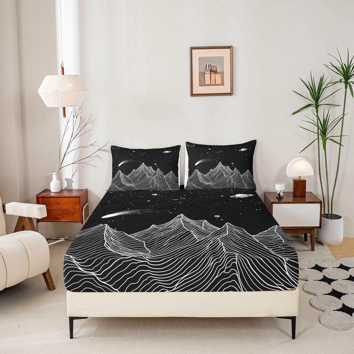 Homewish Mountain Fitted Sheet,Full Size Starry Sky Collections Boho Galaxy Theme,Soft Decorative Fabric Bedding Deep Pocket for Children Teens Young Boys Girls,with 2 Pillowcases