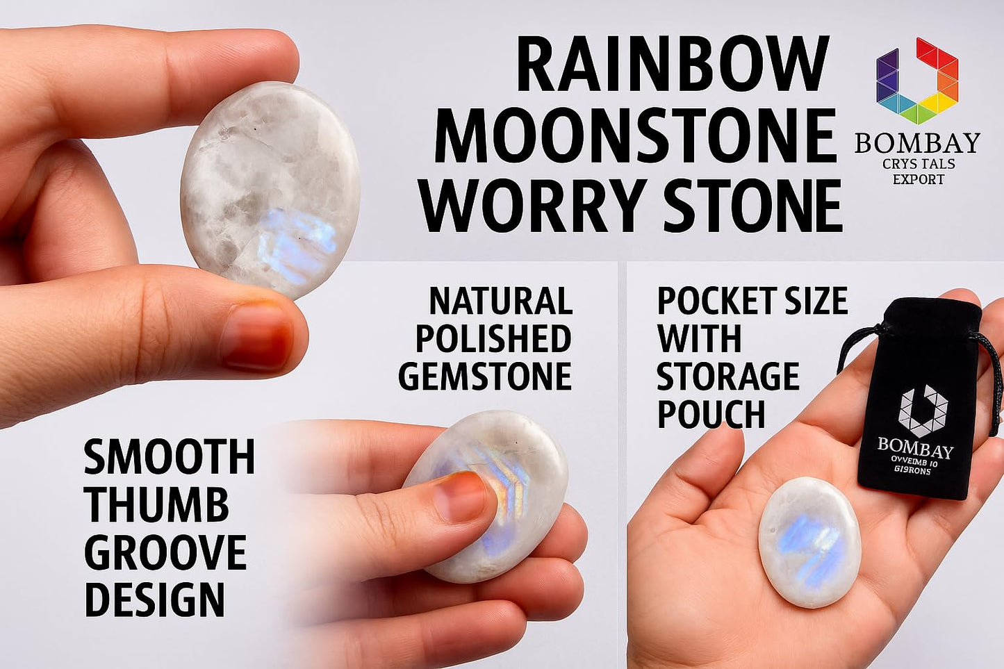 Natural Polished Thumb Palm Crystal for Meditation, Rainbow Moonstone Worry Stone for Stress Relief, Anxiety Support & Pocket Reiki Healing