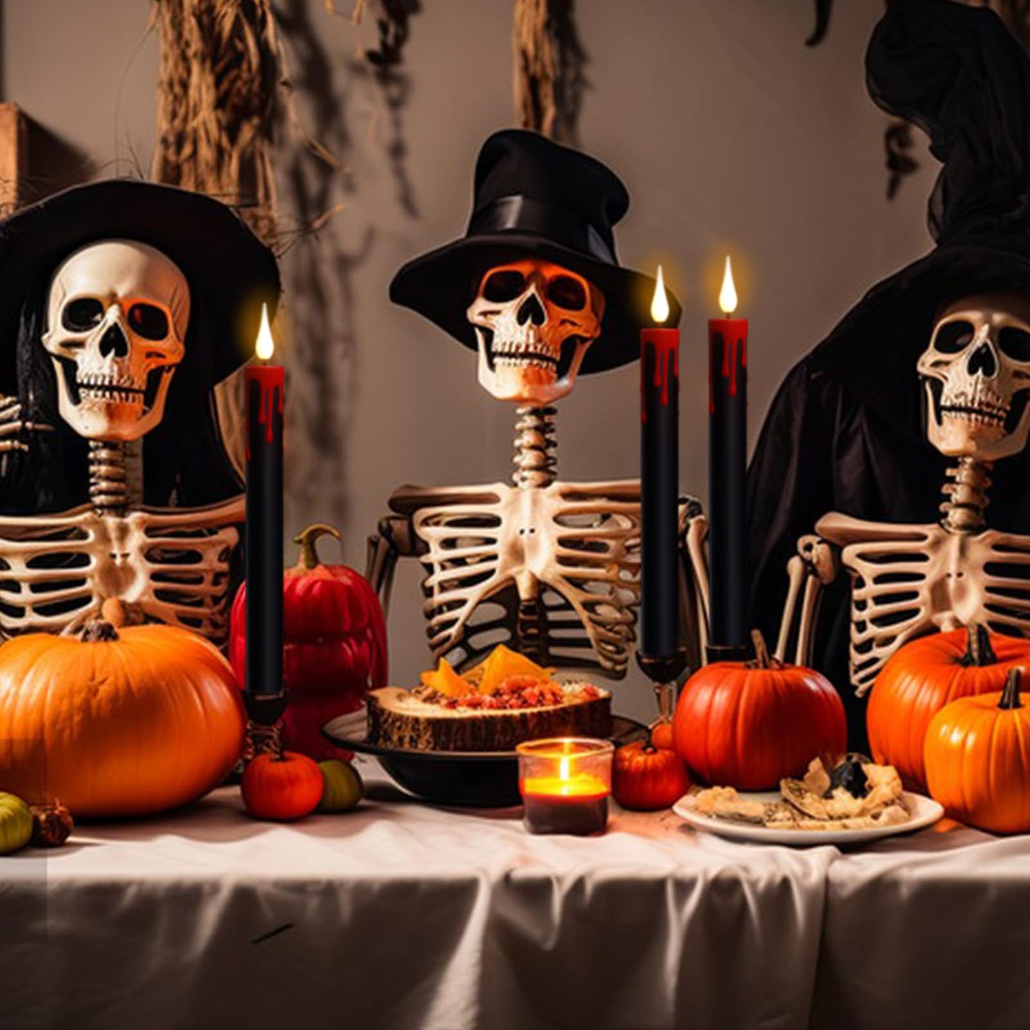 KunSwenn Halloween Black Flameless Taper Candles with Remote Timer, 4 Pcs Red Drip Wax LED Candlesticks with 3D Flickering Flame for Home Fall Indoor Halloween Decor(0.78 x 8.9 Inches)